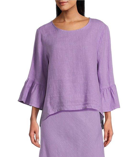 Bryn Walker Light Linen Fran Round Neck 3/4 Ruffle Bell Sleeve Hi-Low Hem Shirt Product Image