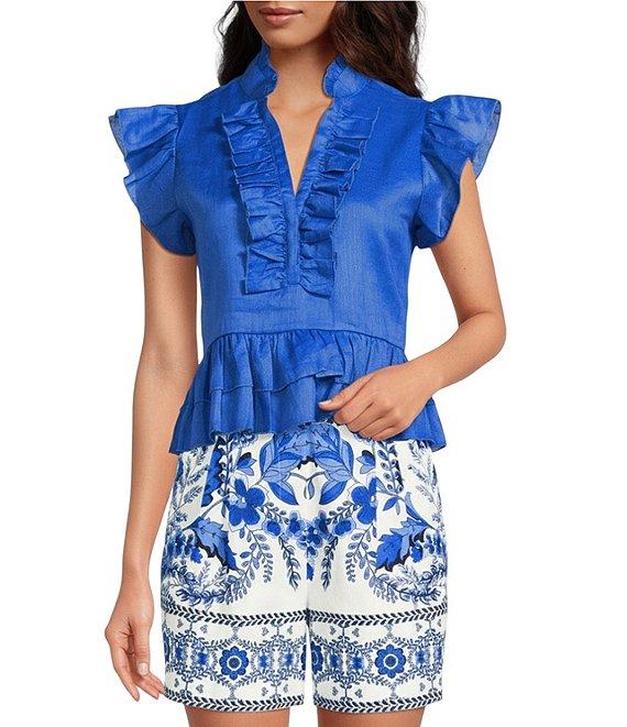 A Loves A Woven Ruffle Collar Split V-Neck Flutter Cap Sleeve Cropped Blouse Product Image