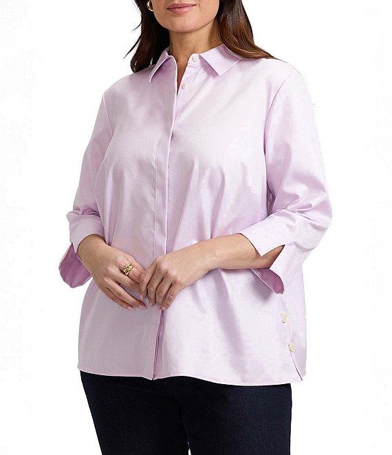 Foxcroft Plus Size Beatrice Stripe Point Collar 3/4 Sleeve Button Front Shirt Product Image