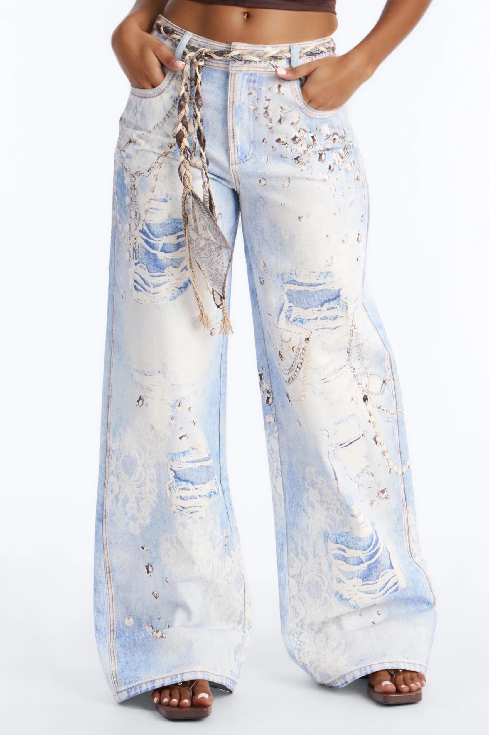 Marlowe Mid Rise Belted Wide Leg Pant 34″ - Blue/combo Female Product Image