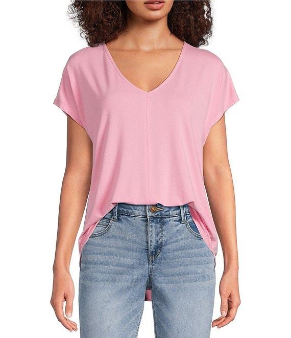 Gibson & Latimer Knit V-Neck Dropped Short Sleeve Shell Shirttail Tee Shirt Product Image