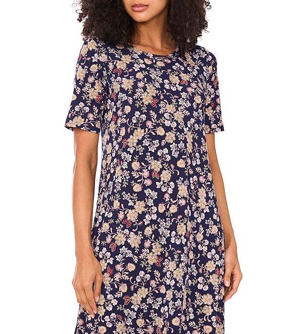 Vince Camuto Woven Floral Print Round Neck 3/4 Sleeve Maxi A-Line Dress Product Image