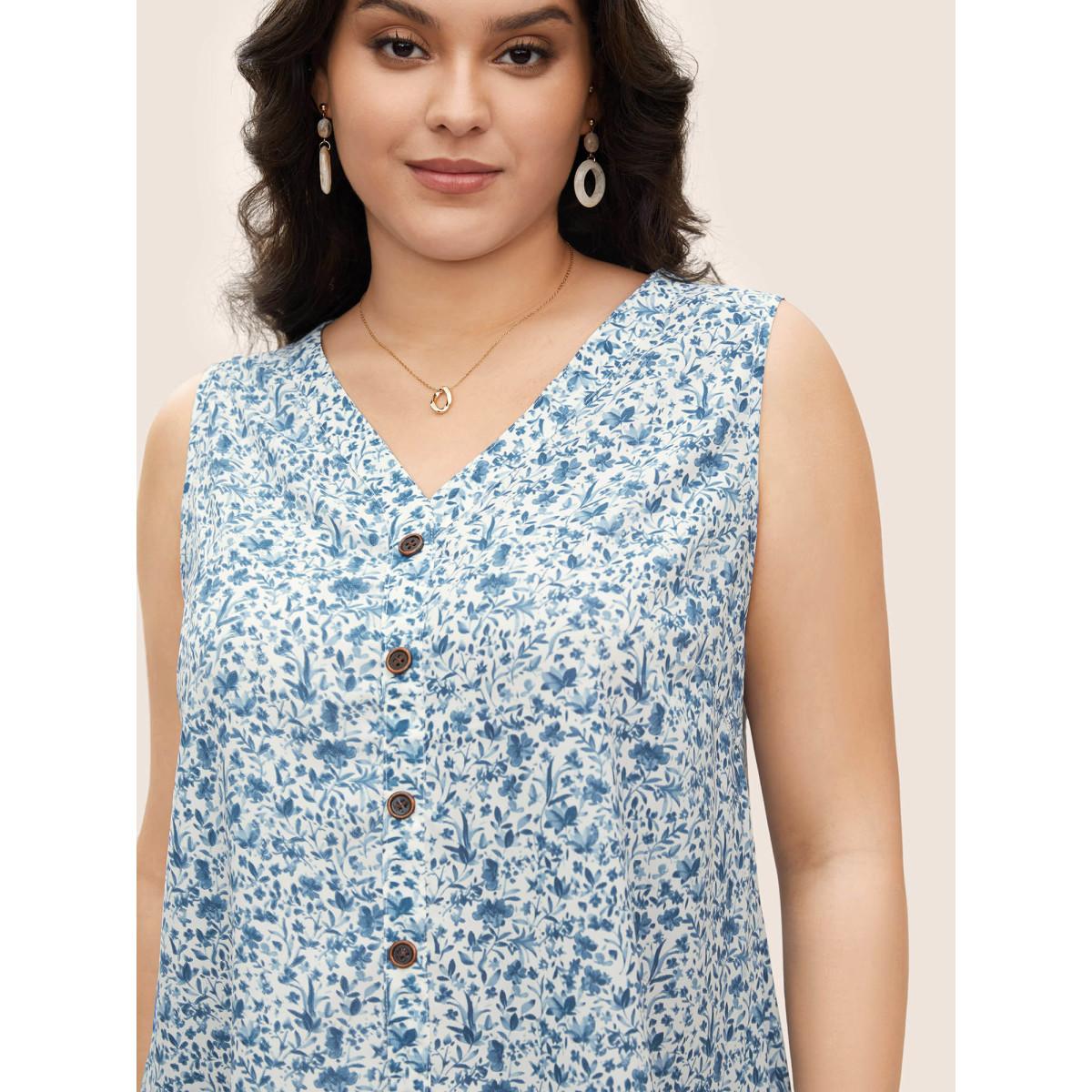Plus Size Ditsy Floral Sleeveless Button Detail Tank Top Women LightBlue Casual Button V-neck Everyday Tank Tops Camis BloomChic 12/L Product Image
