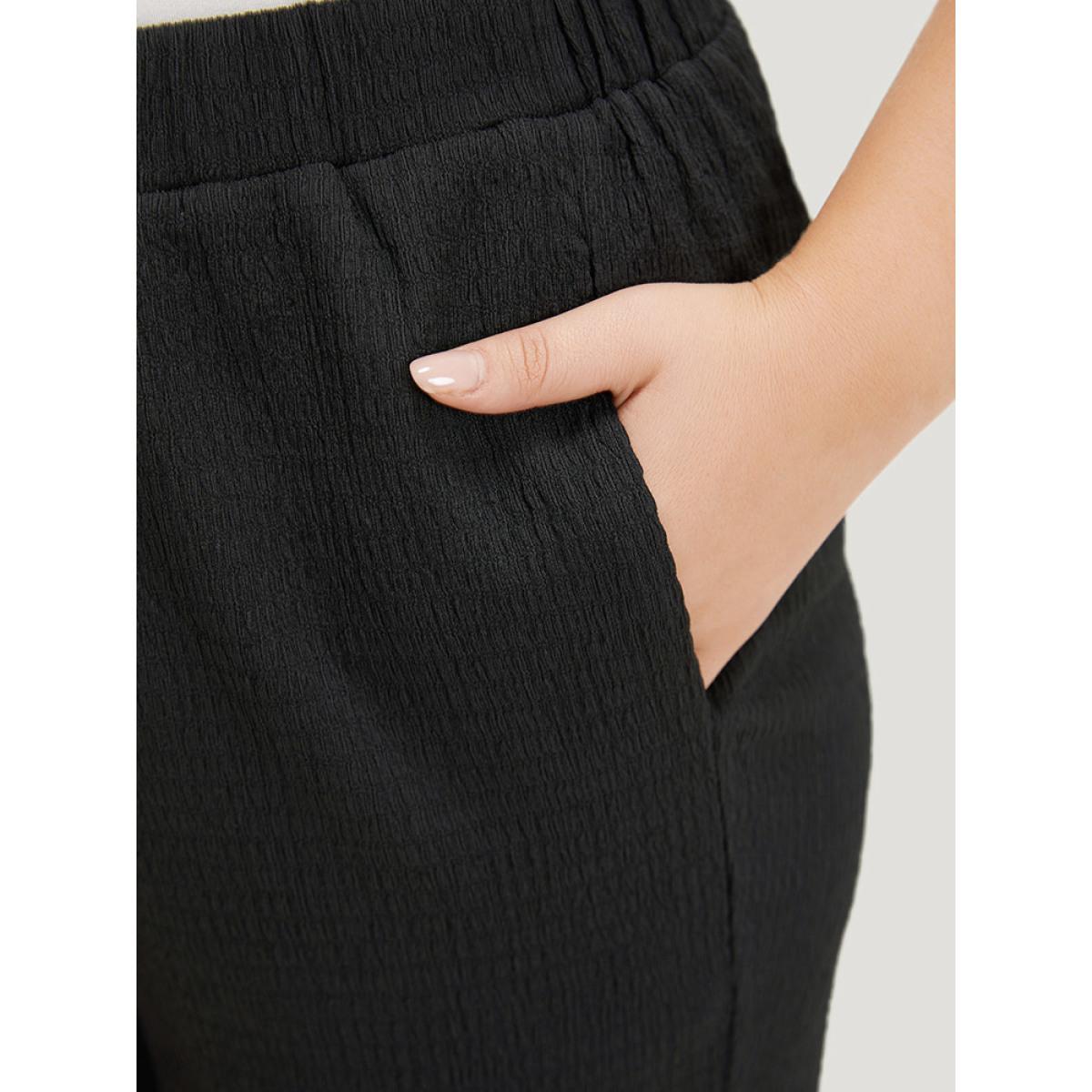 Plus Size Solid Pocket High Rise Elastic Waist Pants Women Black Elegant High Rise Dailywear Pants BloomChic 10/M Product Image