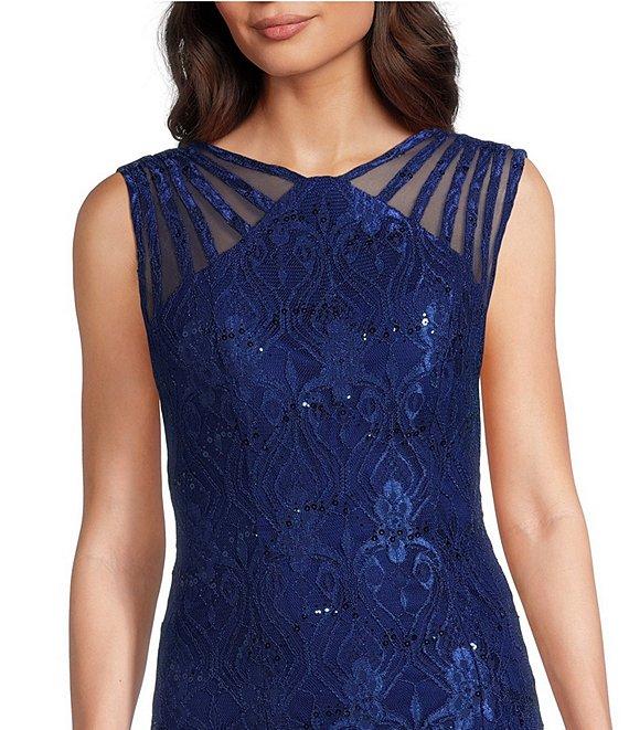 R & M Richards Petite Size Sleeveless Lace Round Neck Fit and Flare Dress Product Image