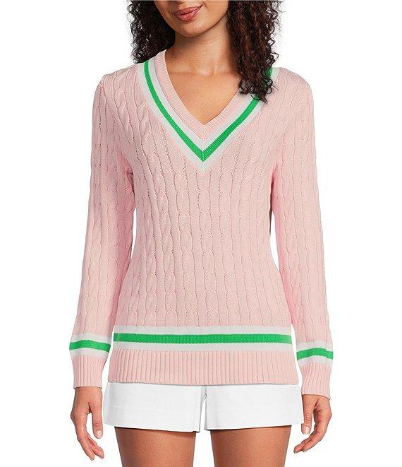 Lilly Pulitzer Brockton Cable Knit V-Neck Long Sleeve Stripe Detail Sweater Product Image