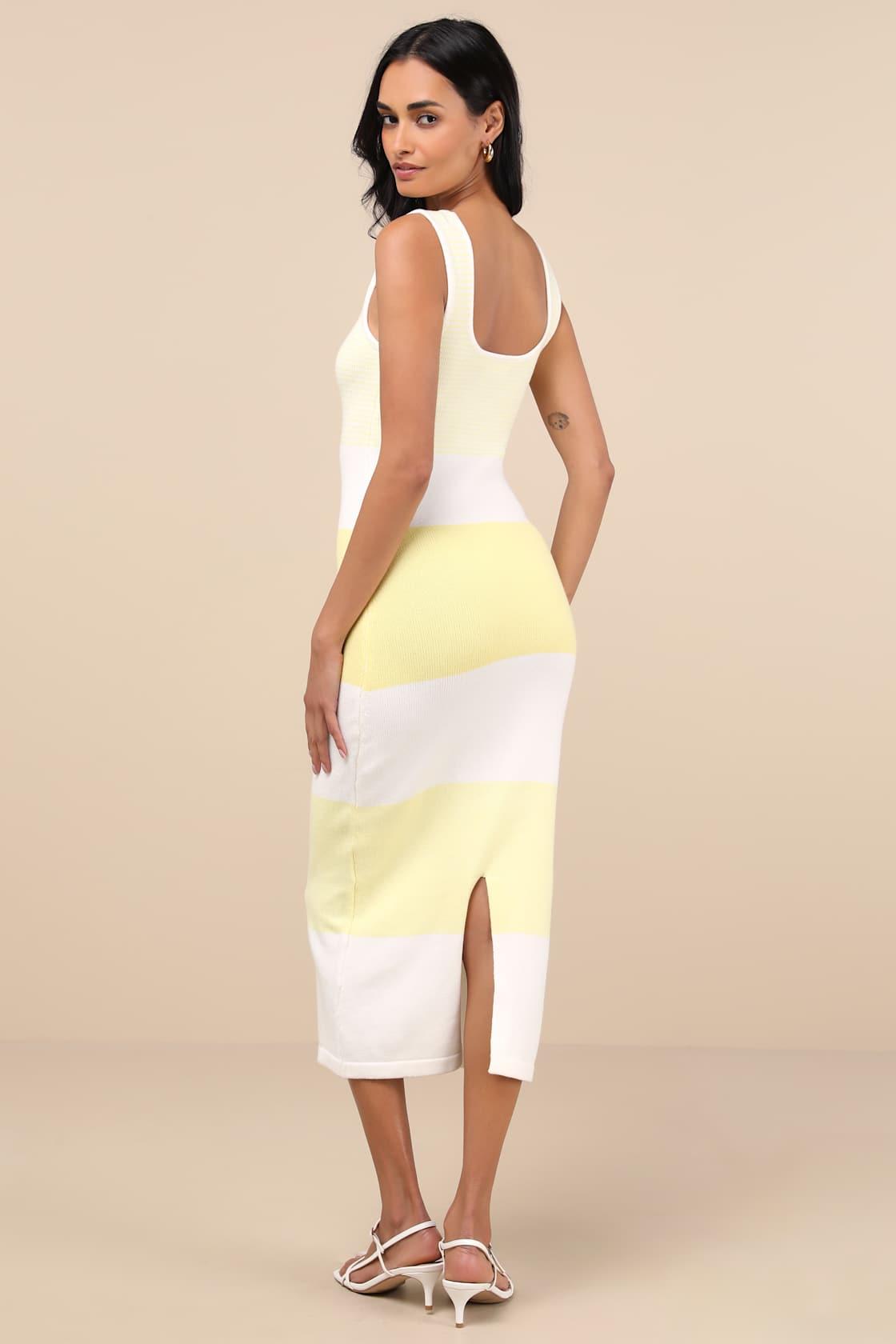 Easily Gorgeous Ivory and Yellow Striped Midi Sweater Dress Product Image