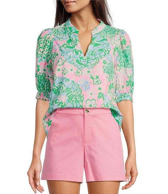 Lilly Pulitzer Brinelle Plumes In Bloom Notch Neck Elbow Puff Sleeve Blouse Product Image