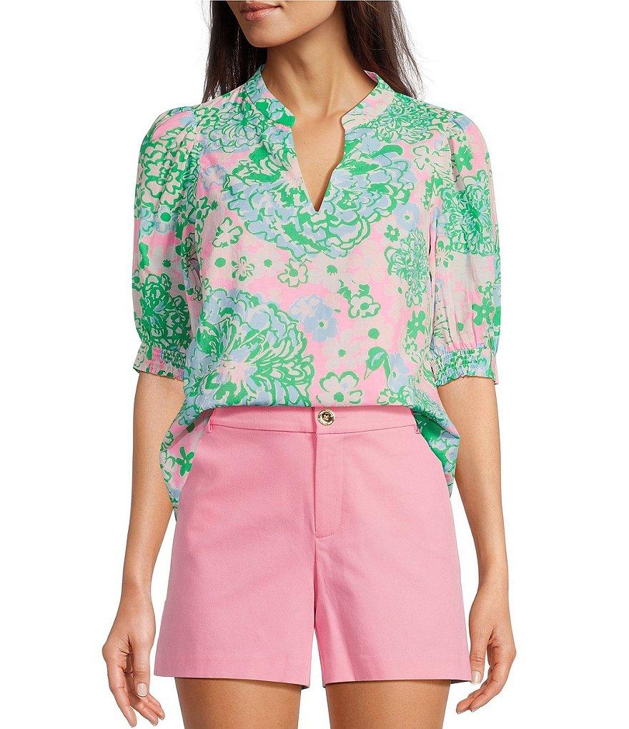 Lilly Pulitzer Brinelle Plumes In Bloom Notch Neck Elbow Puff Sleeve Blouse Product Image