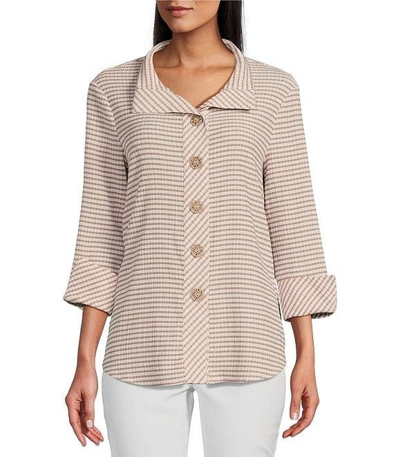 Multiples Crinkle Woven Printed Wire Neck 3/4 Turn-Up Sleeve Button-Front Shirt Product Image