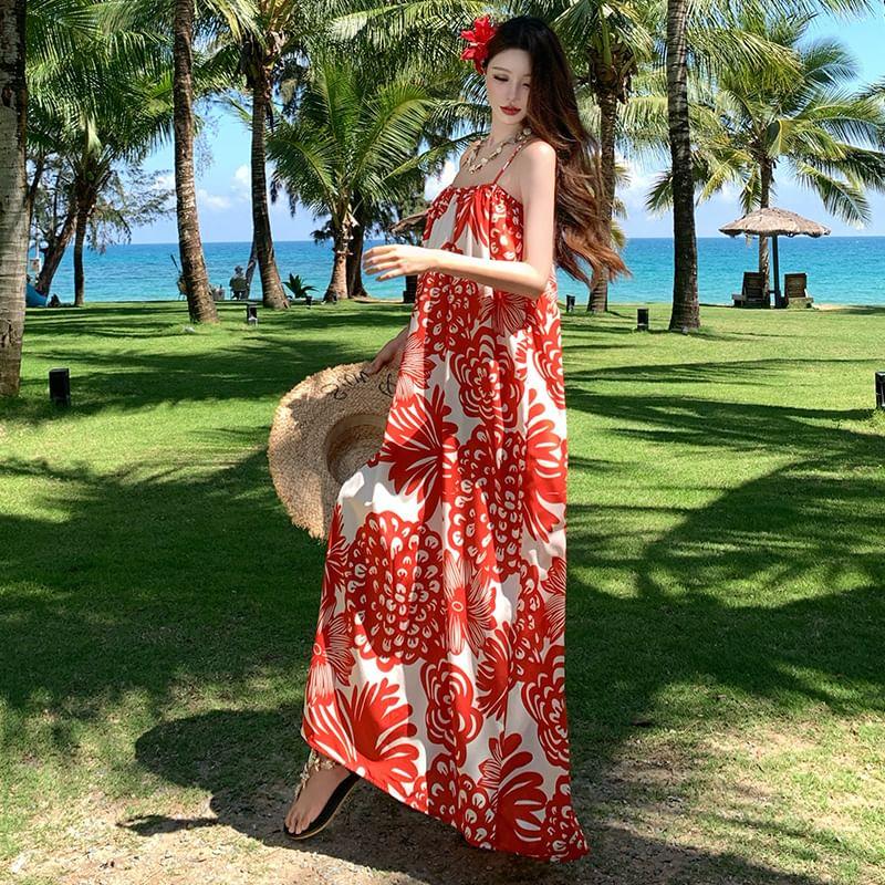 Spaghetti Strap Floral Print Midi Sundress Product Image