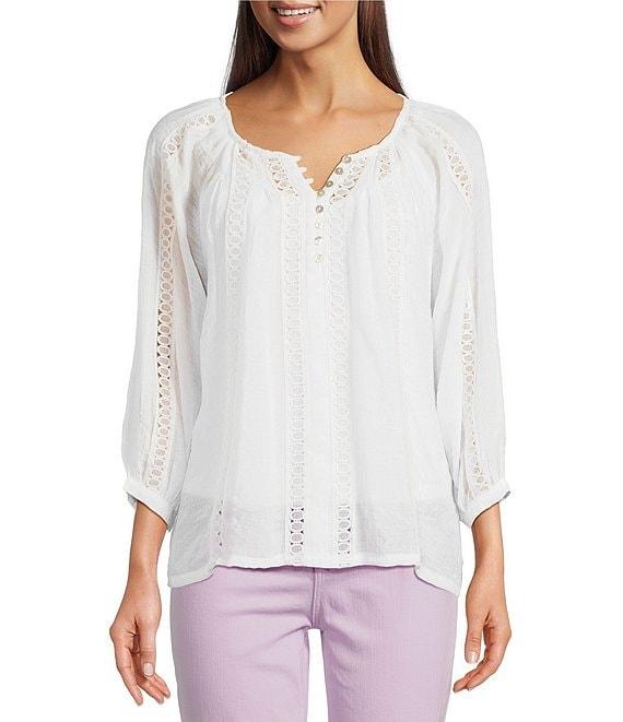 Figueroa & Flower Embriordered Crew Neck 3/4 Bell Sleeve Lace Detail Blouse Product Image