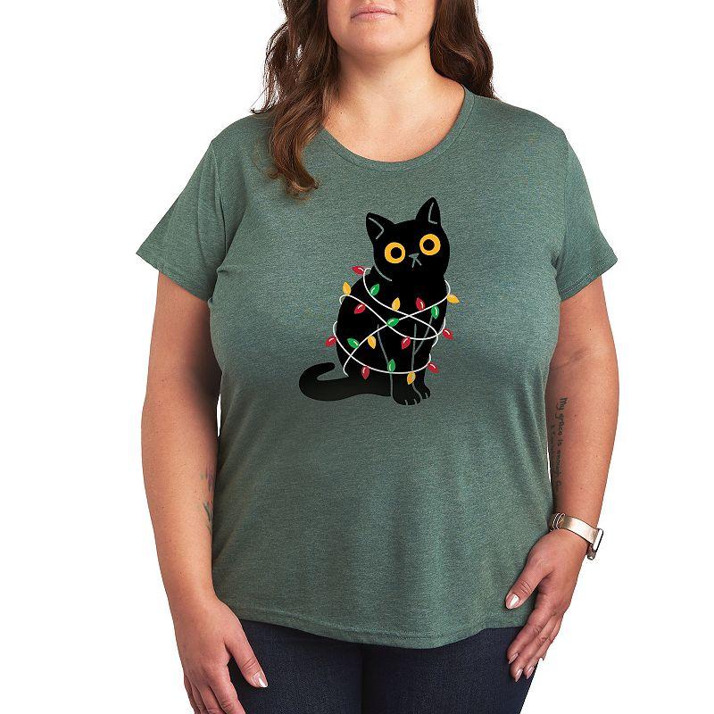 Women's Cat Wrapped In Christmas Lights Graphic Tee, Girl's, Size: Small, Green Product Image
