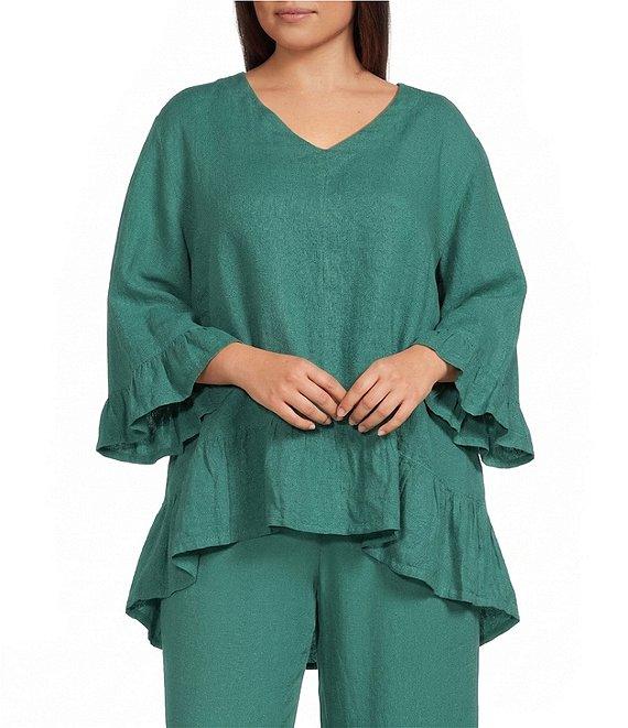 Bryn Walker Plus Layla Light Linen V-Neck 3/4 Bell Sleeve Ruffle Hem Tunic Product Image