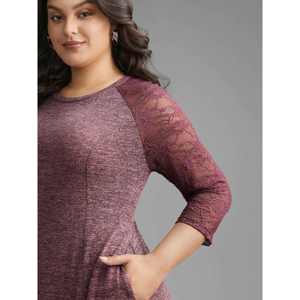 Plus Size Heather Lace Patchwork Mesh Midi Dress Burgundy Women Elegant Woven ribbon&lace trim Round Neck Elbow-length sleeve Curvy BloomChic 18-20/2X Product Image