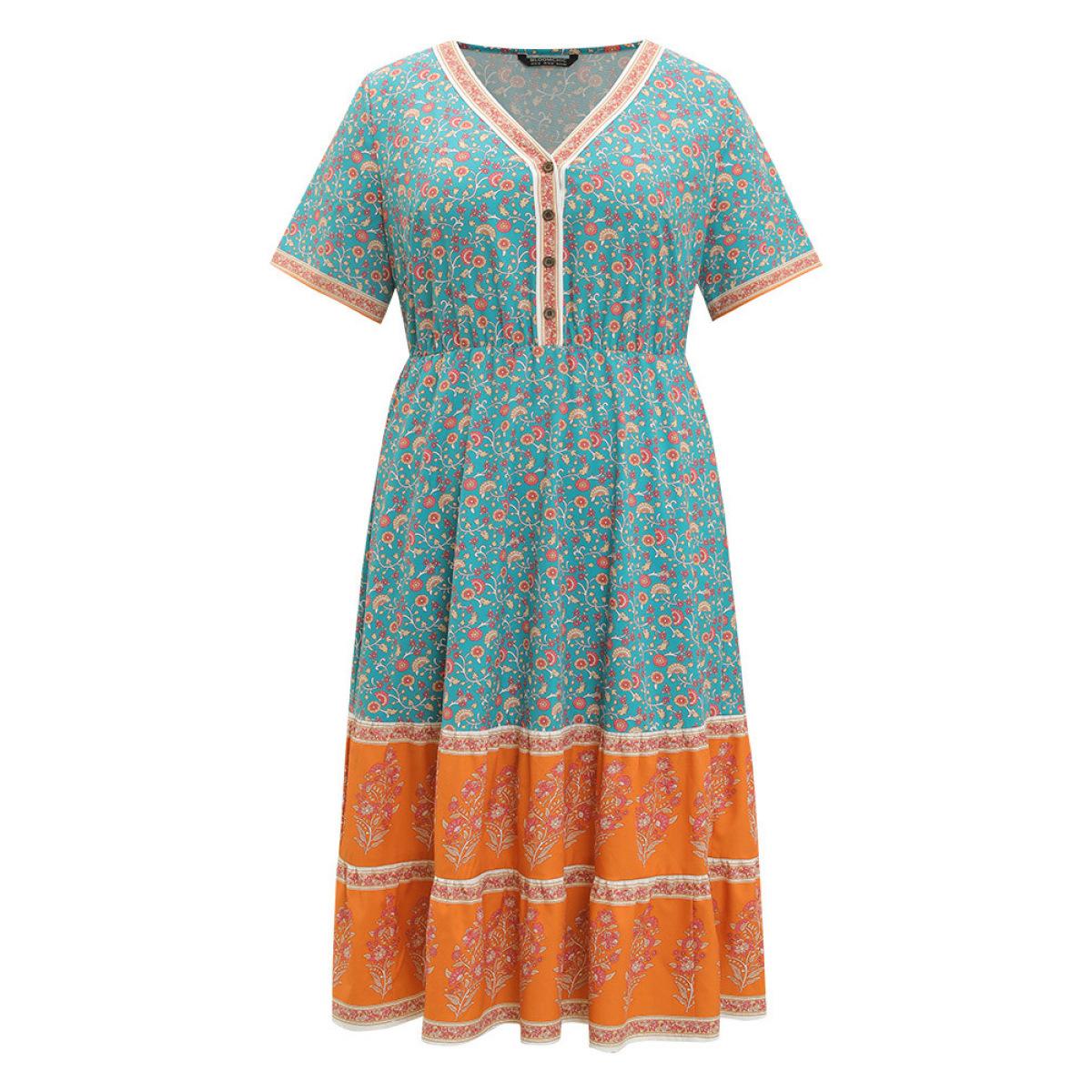 Plus Size Floral Print Button Detail Elastic Waist Patchwork Dress Emerald Women Vacation Gathered V-neck Short sleeve Curvy Midi Dress BloomChic 28/5X Product Image