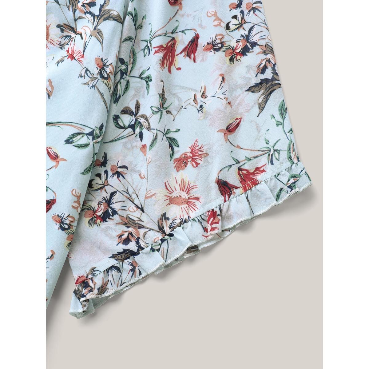 Plus Size LightBlue Chiffon Floral Print Flowy Blouse Women Timeless Elbow-length sleeve Boat Neck Elegant Blouses BloomChic 12/L Product Image