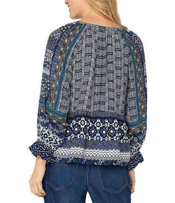 Liverpool Los Angeles Petite Size Woven Printed Split V-Neck 3/4 Sleeve Button-Front Blouse Product Image