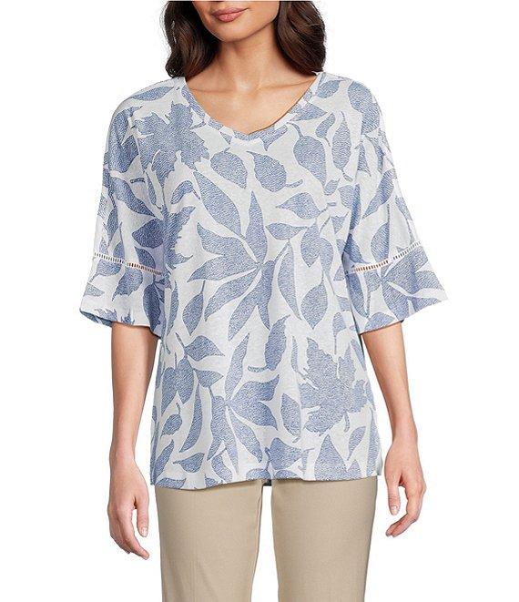 Ali Miles Knit Leaf Print Linen Blend V-Neck 3/4 Lace Sleeve Tunic Product Image