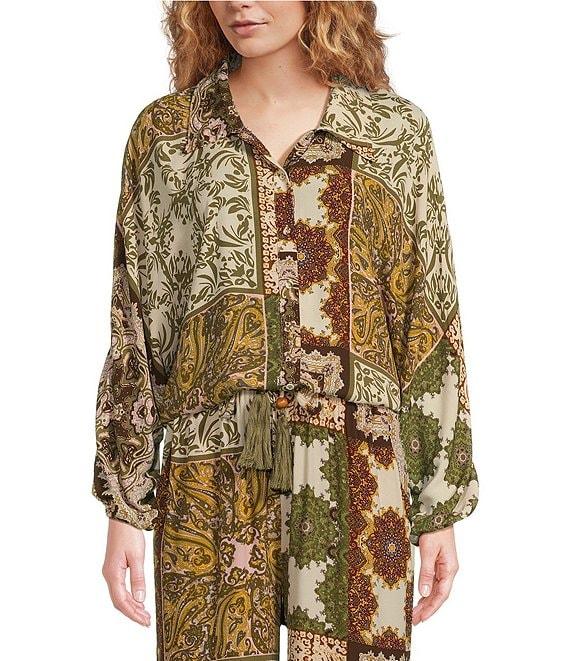 Talisman Hazel Paisley Garden Woven Point Collar Button Front Long Batwing Sleeve Shirt Product Image
