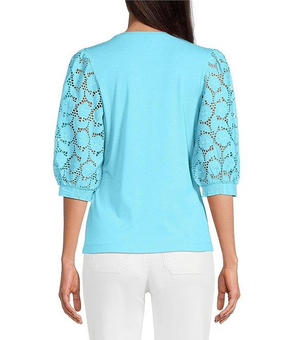 Lilly Pulitzer Ronson Eyelet Knit Notch Neck Elbow Sleeve Top Product Image