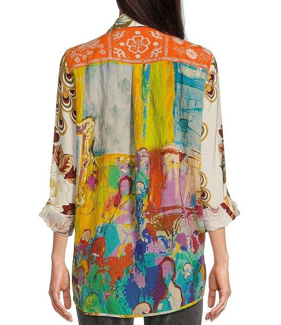 John Mark Point Collar Button Front Long Roll-Tab Sleeve Embroidered Panel Multi Print Tunic Product Image
