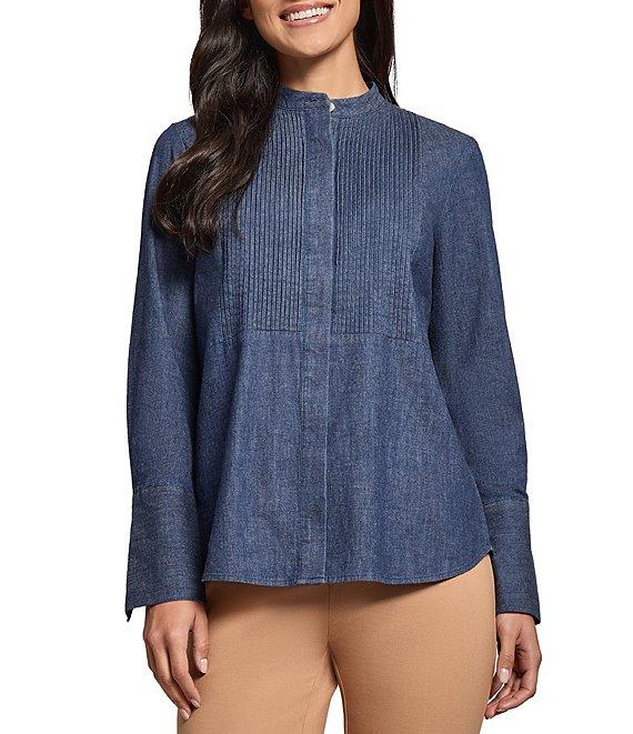 Jones New York Stretch Denim Crew Neck Long Sleeve Button-Front Top Product Image