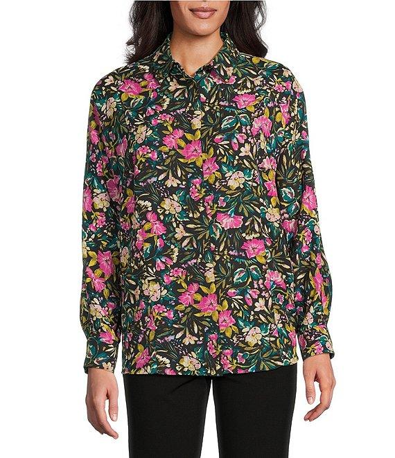 Investments Multi Vintage Floral Dolman Long Sleeve Button Front Point Collar Blouse Product Image