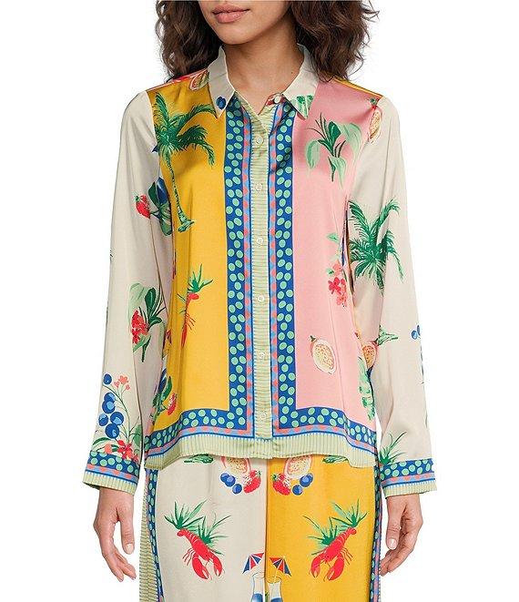 Skies Are Blue Coordinating Border Print Button Front Collar Long Sleeve Blouse Product Image