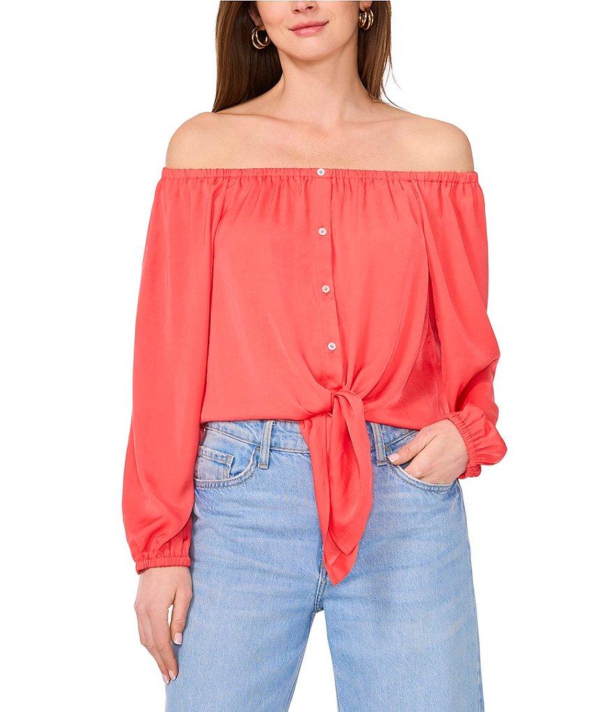 Vince Camuto Off-The-Shoulder Long Sleeve Button Tie Front Blouse Product Image