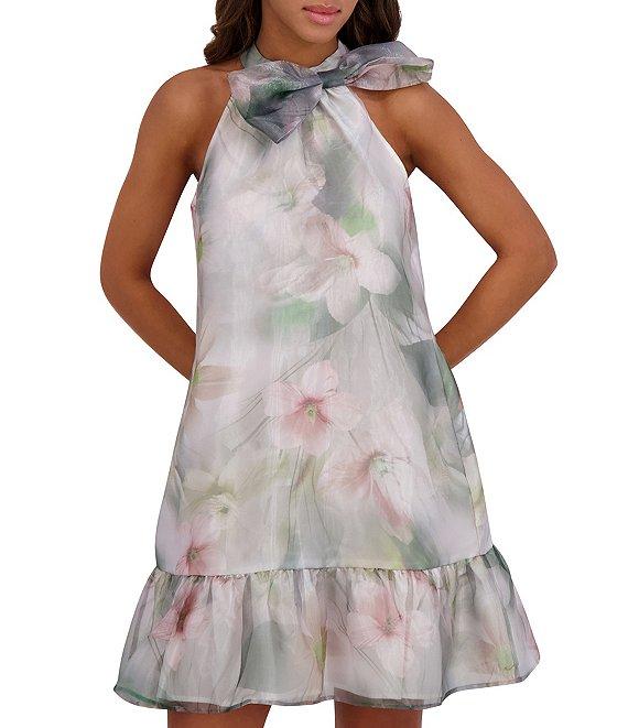 Kensie Organza Floral Print Halter Neck Sleeveless Bow Detail Shift Mini Dress Product Image