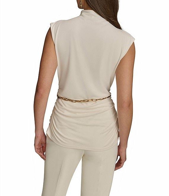 Donna Karan Gold #double;DK#double; Chain Belt Mock Neck Cap Sleeve Ruched Top Product Image