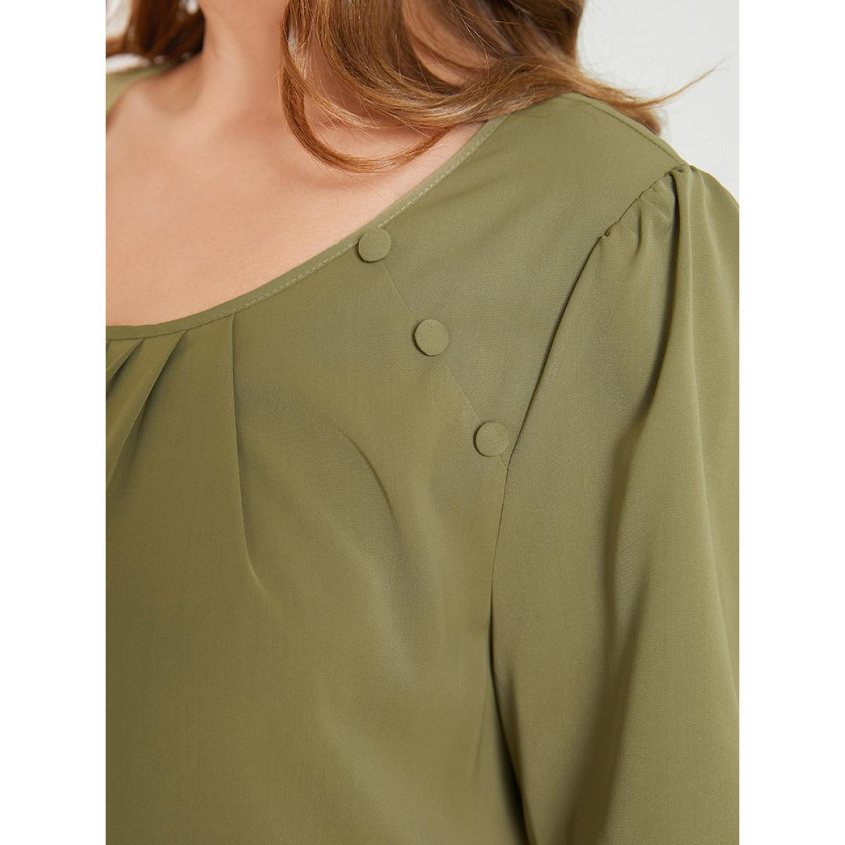 Plus Size SpringGreen Solid Pleated Button Detail Blouse Women Office Short sleeve Round Neck Office Blouses BloomChic 10/M Product Image