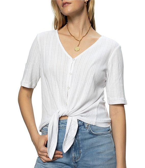 Sanctuary Pointelle V-Neck Short Sleeve Button Front Top Product Image