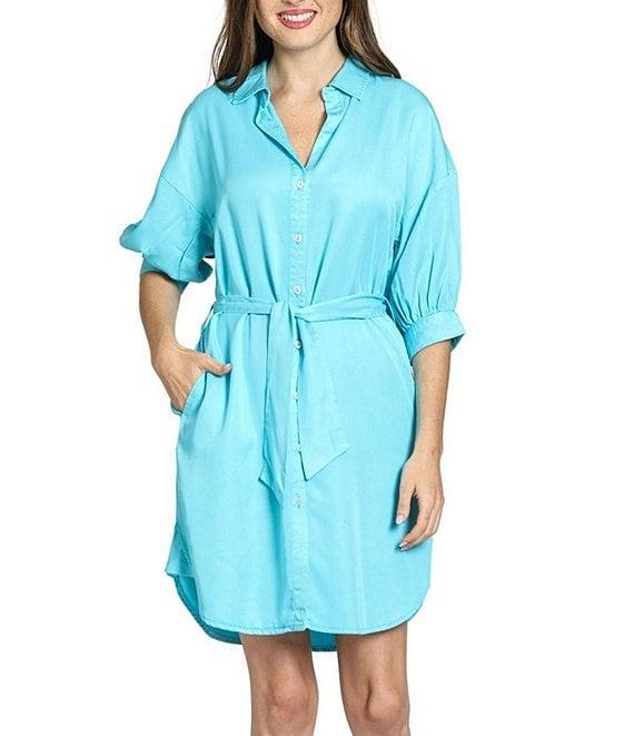 APNY Tencel Spread Collar 3/4 Puff Sleeve Belted Button Front Shirt Dress Product Image