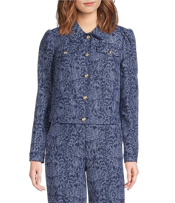 KARL LAGERFELD PARIS Coordinating Denim Damask Point Collar Long Sleeve Cropped Jacket Product Image