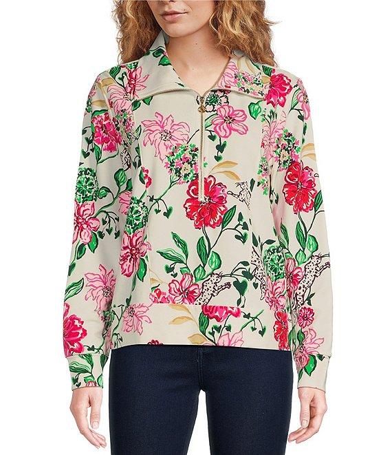 Lilly Pulitzer Eleni Luxe Terry Floral Print Collar Bracelet Sleeve Quarter Zip Top Product Image