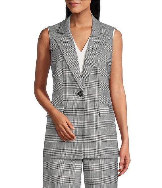 Kasper Plaid Notch Collar Sleeveless Belted Button Front Vest Product Image