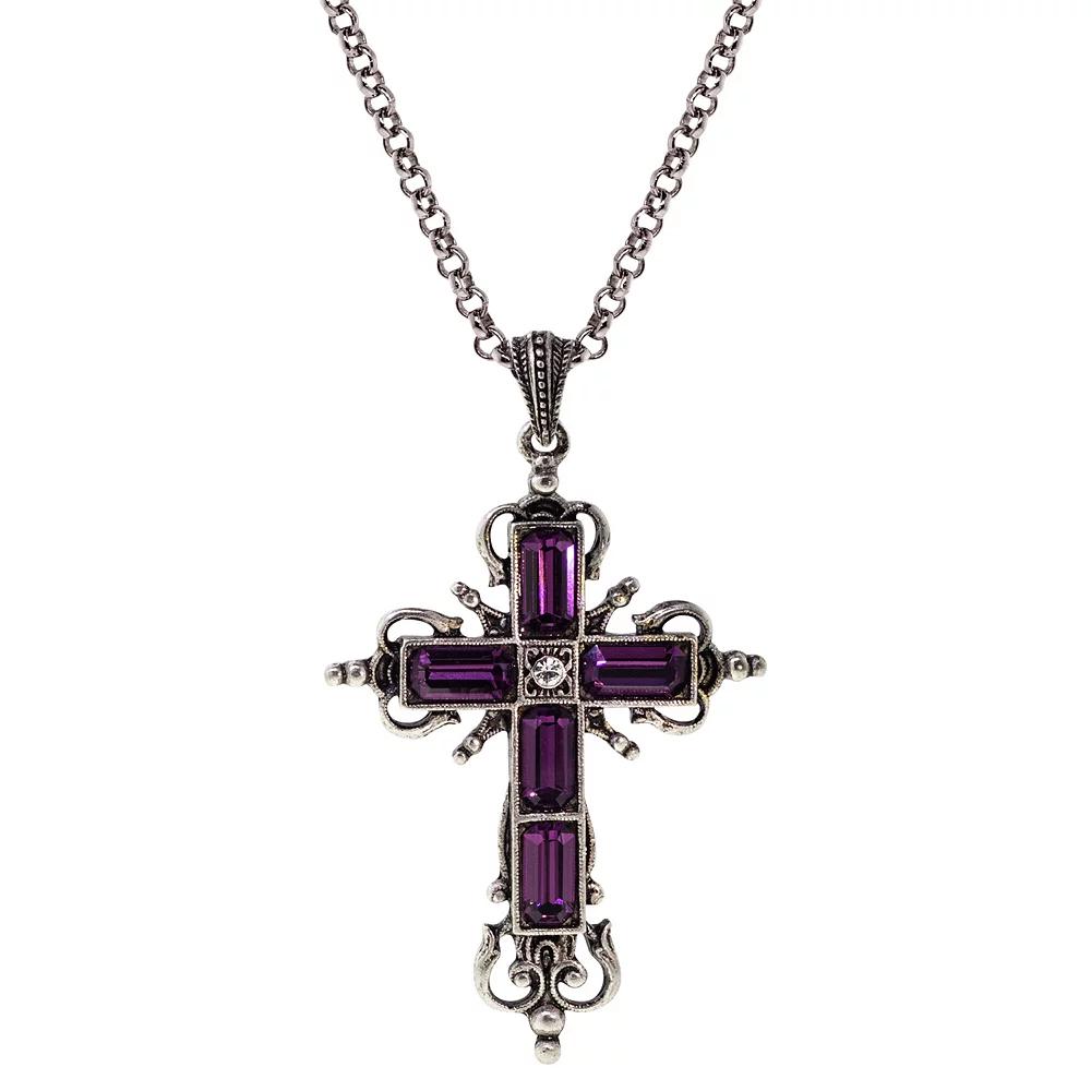 Symbols of Faith Simulated Crystal Cross Pendant Necklace, Womens, Silver Tone Purple Product Image