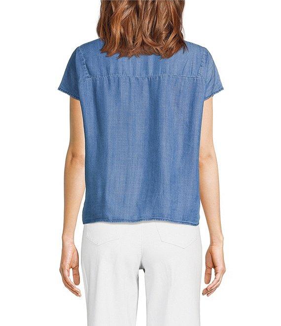 Tru Luxe Jeans Chambray Split V-Neck Cap Sleeve Crochet Trim Top Product Image