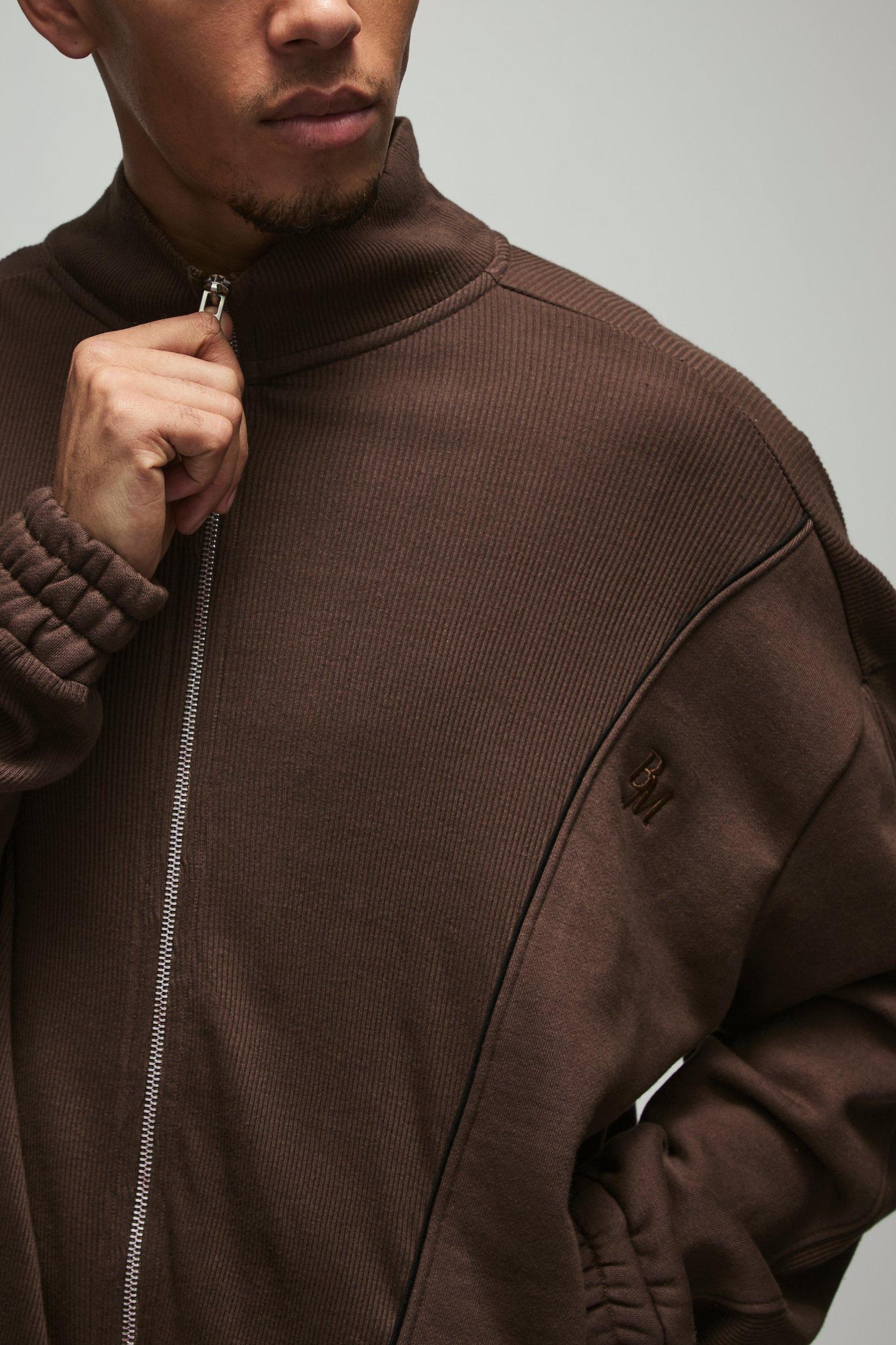 Oversized Heavy Rib Panelled 3D Embroidered Track Top | boohooMAN USA Product Image