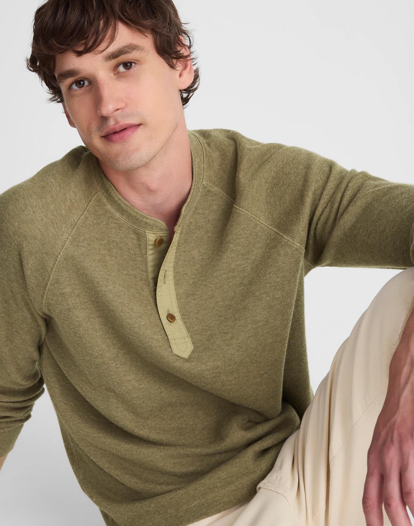 French Rib Knit Long-Sleeve Henley Tee Product Image