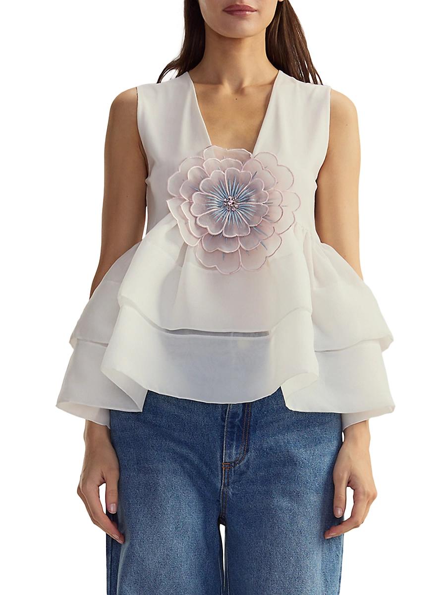 Womens V-Neck Organza Flower Top Product Image