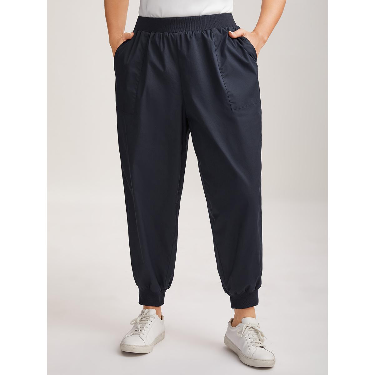 Plus Size Cotton Pull-On Waist Solid Jogger Pants Women Indigo Casual Mid Rise Casual Pants BloomChic 18-20/2X Product Image