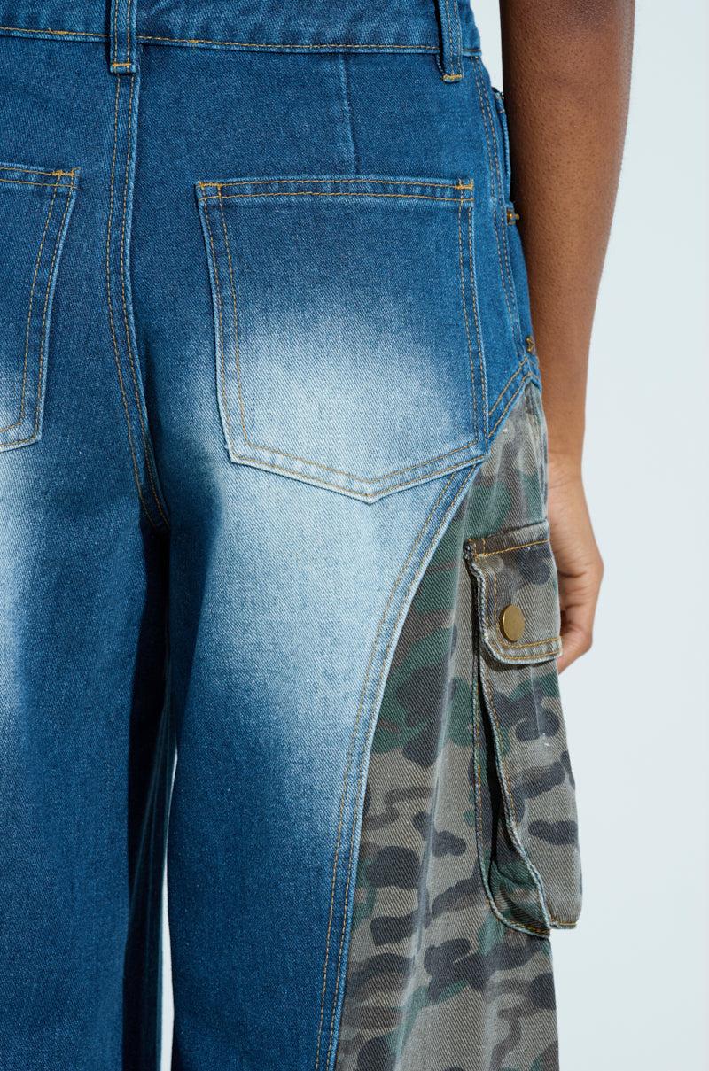 CADET CRAZY CAMO AND DENIM WIDE LEG PANT Product Image