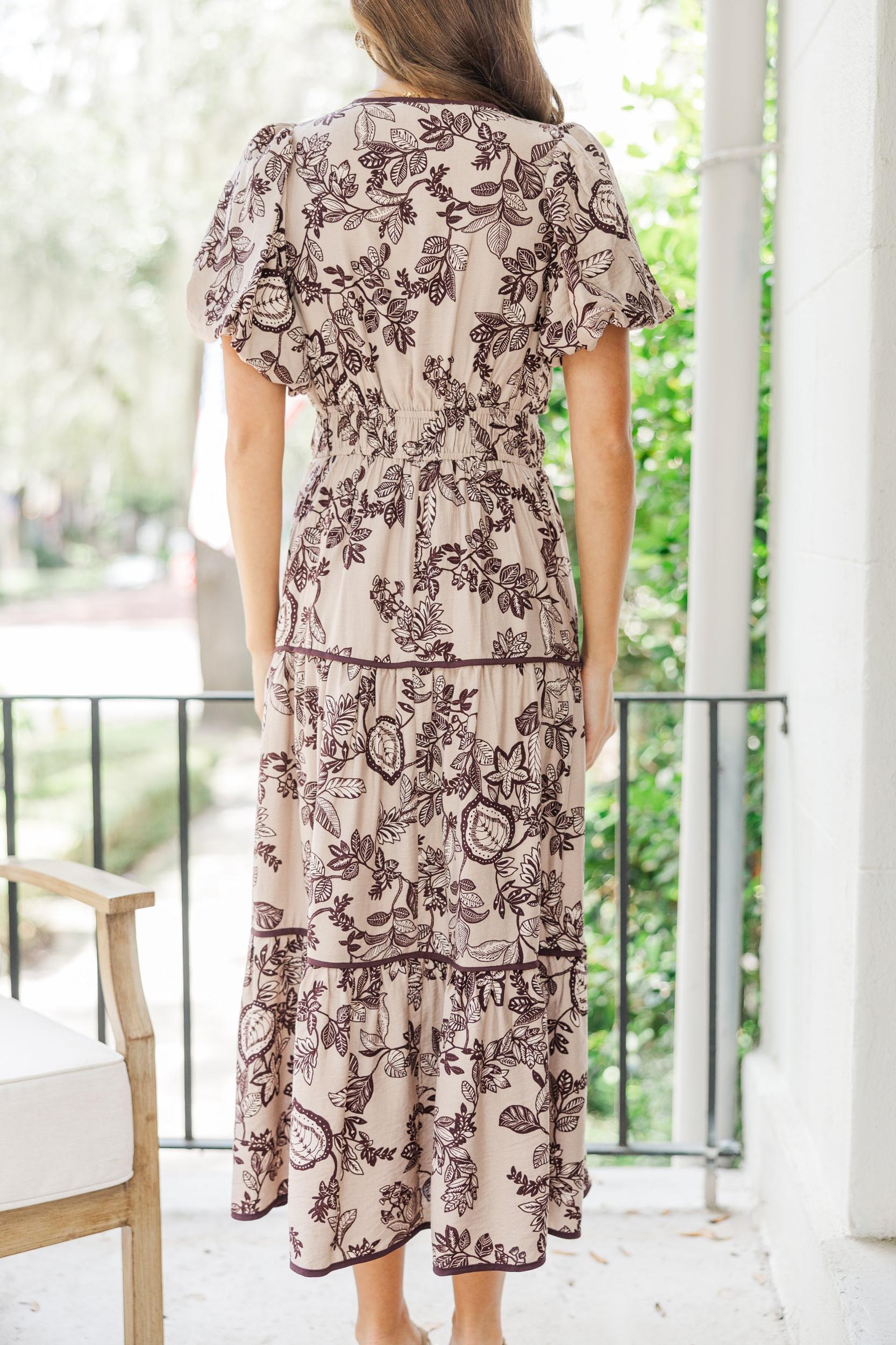 Calling On You Taupe Floral Midi Dress Female Product Image
