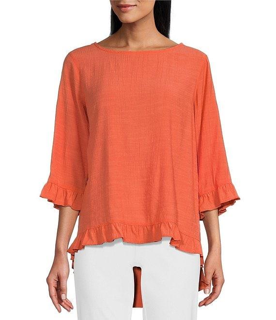 Multiples Solid Crinkle Woven Scoop Neck 3/4 Sleeve Hi-Low Hem Ruffle Top Product Image