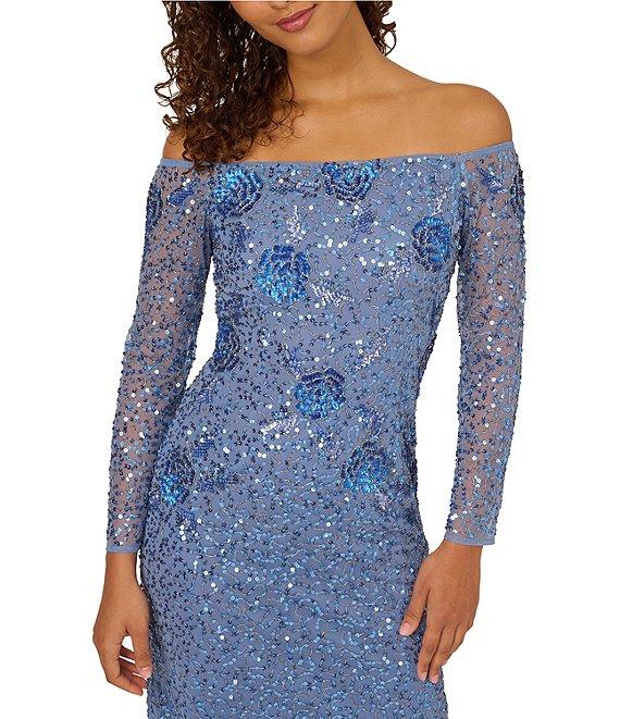 Adrianna Papell Off-The-Shoulder Beaded Mesh Long Illusion Sleeve Gown Product Image