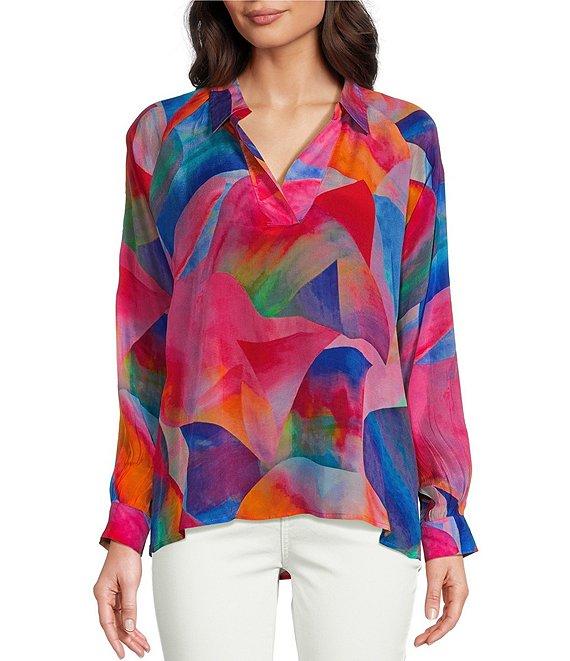 APNY Vibrant Print Half Placket Notch Collar Long Sleeve Blouse Product Image