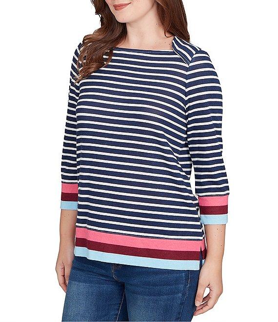 Ruby Rd. Petite Size Knit Stripe Square Neck 3/4 Sleeve Side Slit Top Product Image